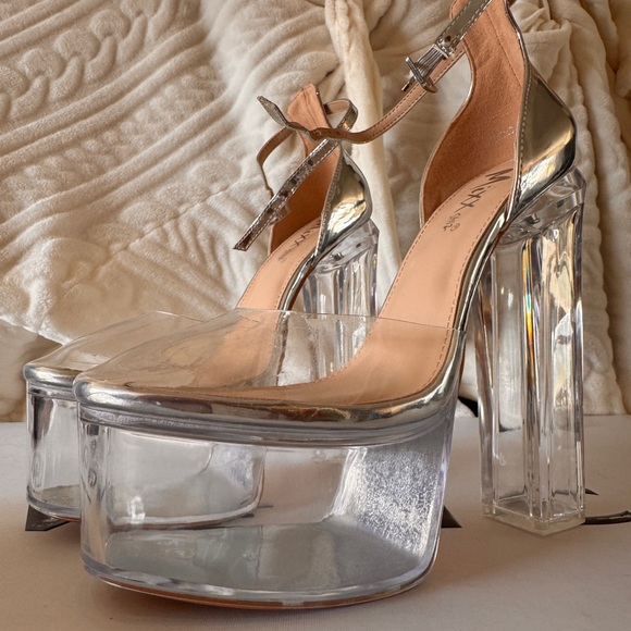 Silver Ankle Strap Platform Block High Heels - Picture 11 of 14